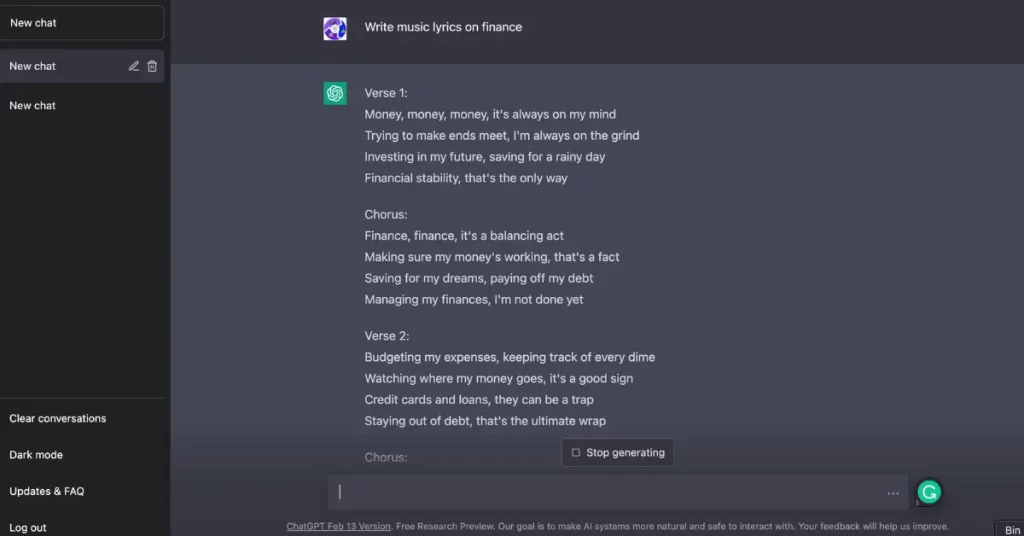 Music lyrics using ChatGPT